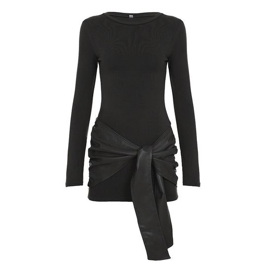 Crewneck long sleeve PU leather solid mini dress  | Festival Outfits Women