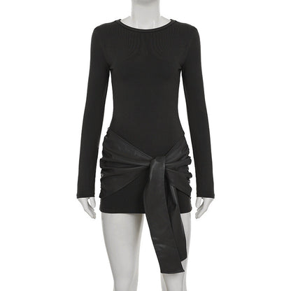 Crewneck long sleeve PU leather solid mini dress  | Festival Outfits Women