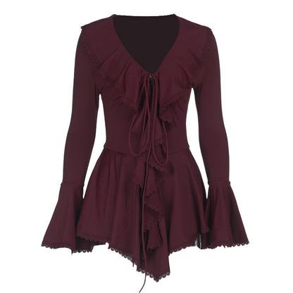 Long flared sleeve ruffle v neck self tie mini dress  | Festival Outfits Women