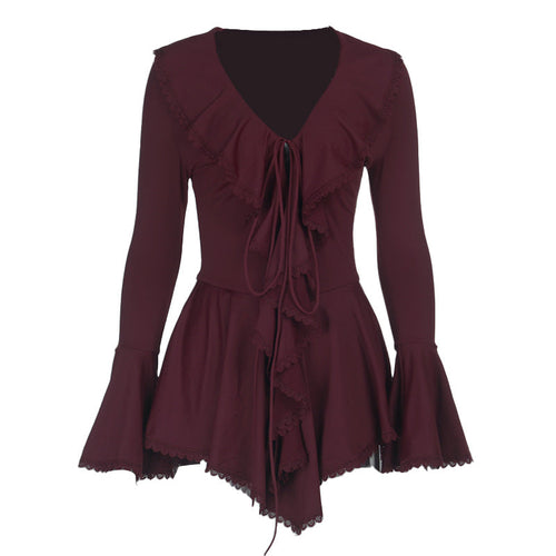 Long flared sleeve ruffle v neck self tie mini dress  | Festival Outfits Women