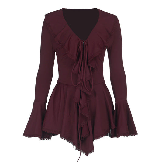 Long flared sleeve ruffle v neck self tie mini dress  | Festival Outfits Women