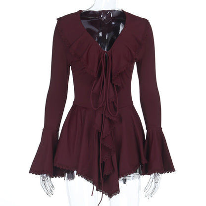 Long flared sleeve ruffle v neck self tie mini dress  | Festival Outfits Women