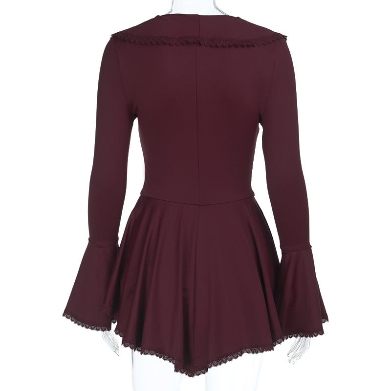 Long flared sleeve ruffle v neck self tie mini dress  | Festival Outfits Women