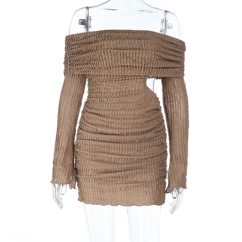 Textured long sleeve off shoulder hollow out cut out mini dress  | Festival Outfits Women