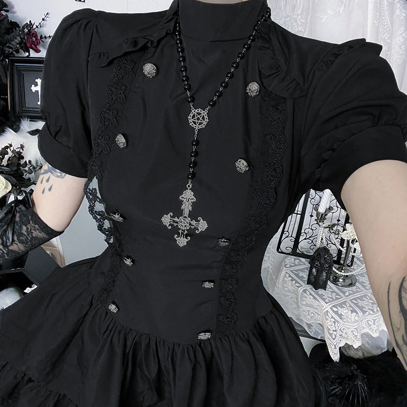 Puff sleeve high neck lace hem mini dress  | Festival Outfits Women