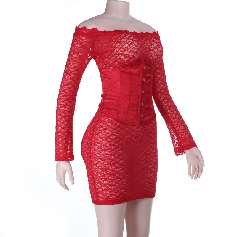 Off shoulder long sleeve lace corset lace up 2 piece mini dress  | Festival Outfits Women