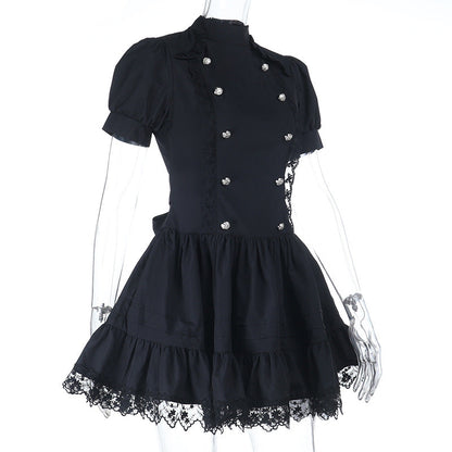 Puff sleeve high neck lace hem mini dress  | Festival Outfits Women