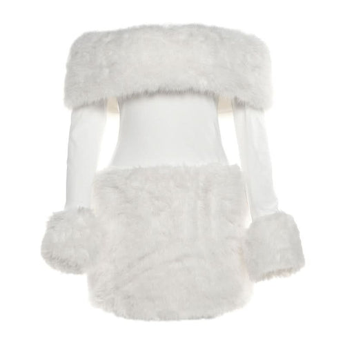 Off shoulder long sleeve fluffy mini dress  | Festival Outfits Women