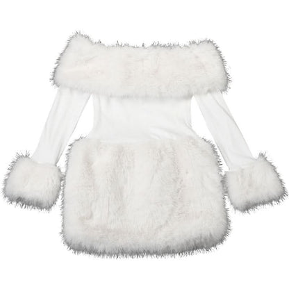 Off shoulder long sleeve fluffy mini dress  | Festival Outfits Women
