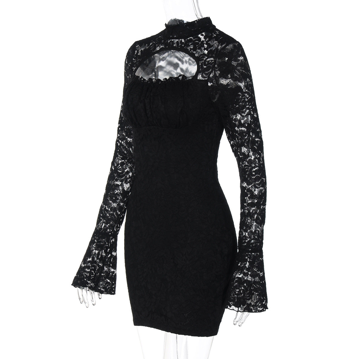 Long sleeve lace hollow out button cut out mini dress  | Festival Outfits Women