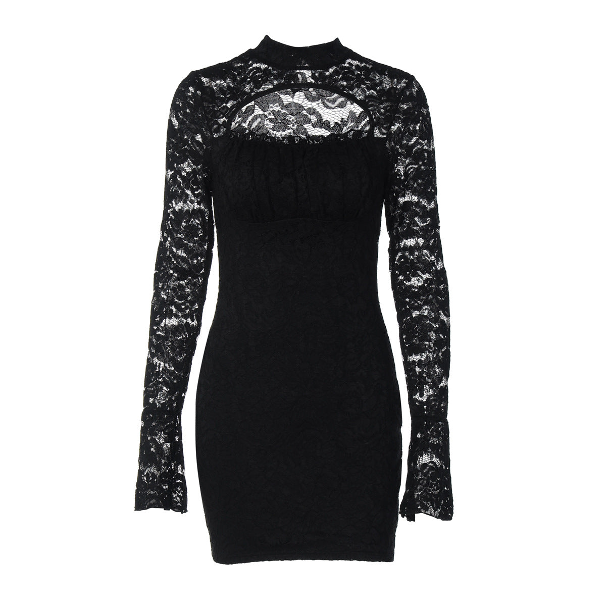 Long sleeve lace hollow out button cut out mini dress  | Festival Outfits Women