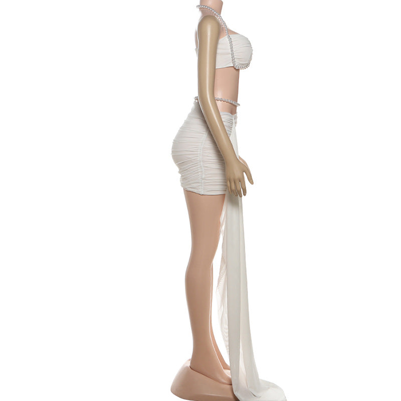 Halter beaded ruched mesh mini dress  | Festival Outfits Women