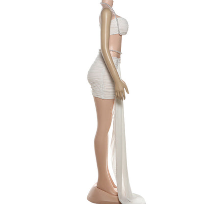 Halter beaded ruched mesh mini dress  | Festival Outfits Women