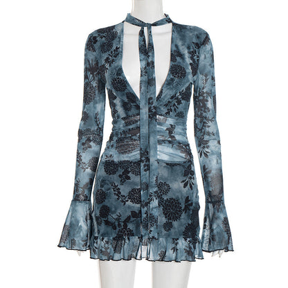 V neck long flared sleeve mesh flower print mini dress  | Festival Outfits Women