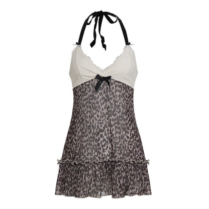 Halter v neck bowknot leopard print mesh mini dress  | Festival Outfits Women  | Leopard Print Mini Dress