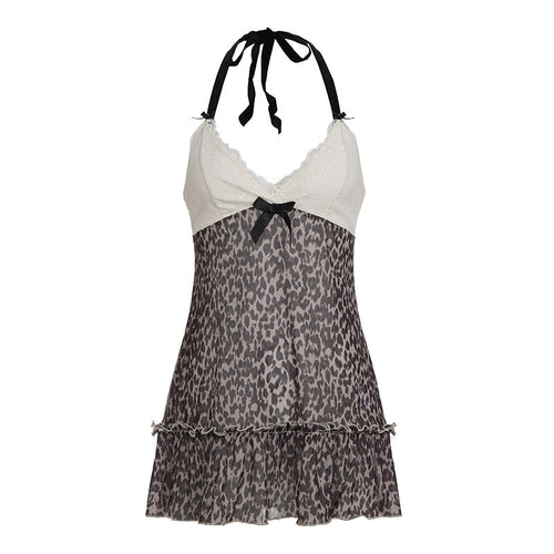 Halter v neck bowknot leopard print mesh mini dress  | Festival Outfits Women  | Leopard Print Mini Dress