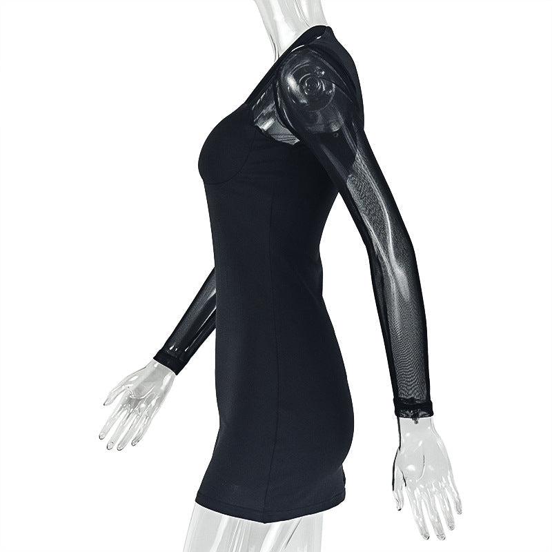 Long sleeve mesh patchwork padded mini dress  | Festival Outfits Women