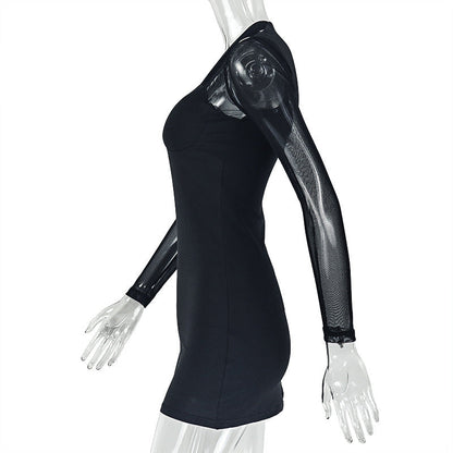 Long sleeve mesh patchwork padded mini dress  | Festival Outfits Women