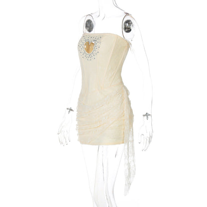 Hollow out beaded lace irregular tube cut out mini dress  | Festival Outfits Women