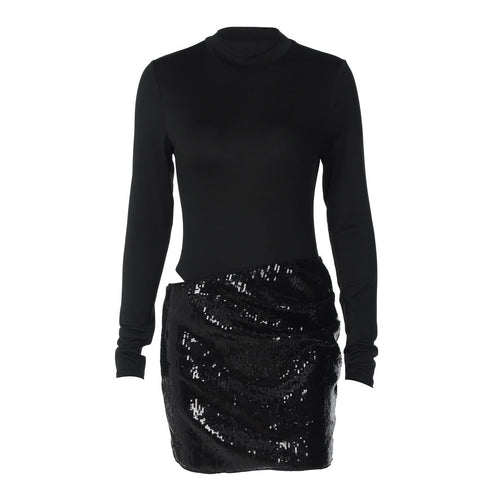 Long sleeve crewneck glitter hollow out cut out mini dress  | Festival Outfits Women