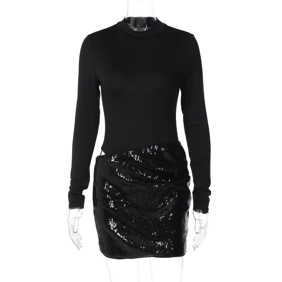 Long sleeve crewneck glitter hollow out cut out mini dress  | Festival Outfits Women