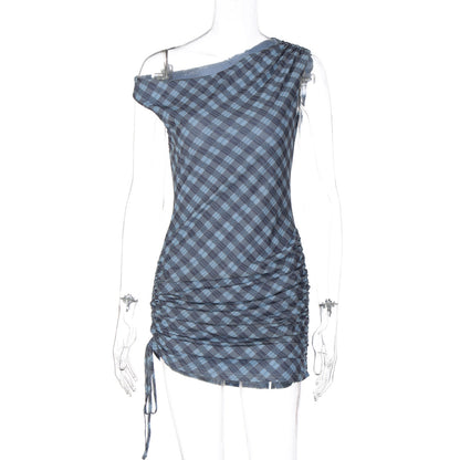 Plaid ruched drawstring irregular mini dress  | Festival Outfits Women