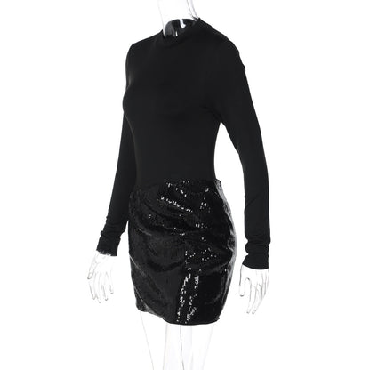 Long sleeve crewneck glitter hollow out cut out mini dress  | Festival Outfits Women