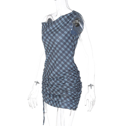 Plaid ruched drawstring irregular mini dress  | Festival Outfits Women