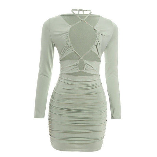 Ruched long sleeve hollow out self tie cut out mini dress  | Festival Outfits Women