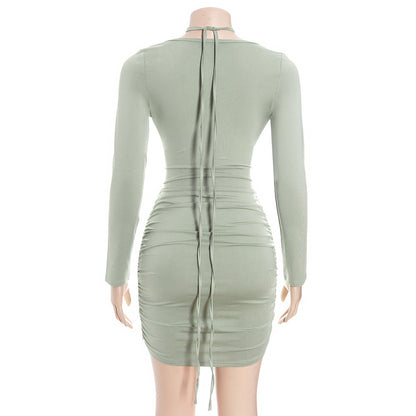 Ruched long sleeve hollow out self tie cut out mini dress  | Festival Outfits Women