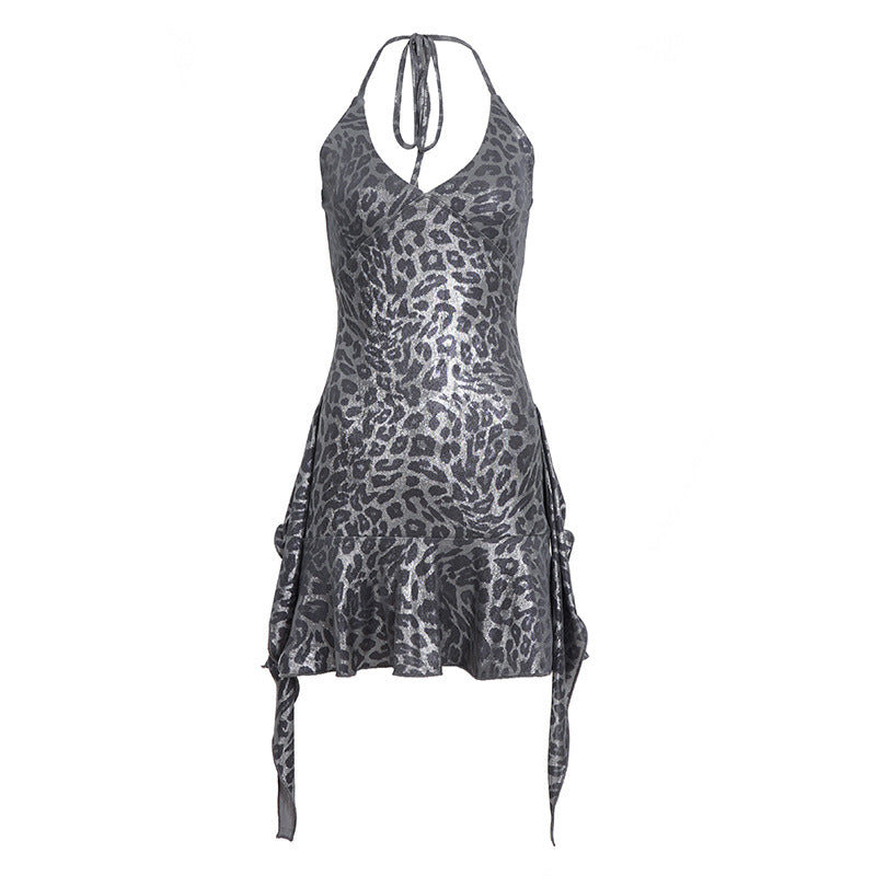 Halter v neck leopard print ruffle mini dress  | Festival Outfits Women  | Leopard Print Mini Dress