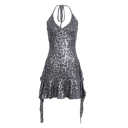 Halter v neck leopard print ruffle mini dress  | Festival Outfits Women  | Leopard Print Mini Dress