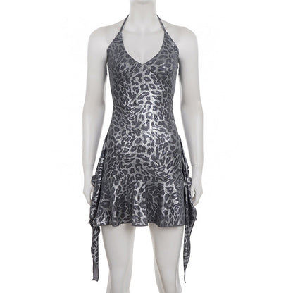 Halter v neck leopard print ruffle mini dress  | Festival Outfits Women  | Leopard Print Mini Dress