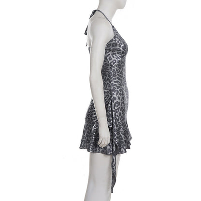 Halter v neck leopard print ruffle mini dress  | Festival Outfits Women  | Leopard Print Mini Dress