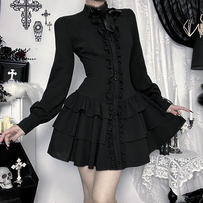 Bowknot long sleeve ruffle solid mini dress  | Festival Outfits Women