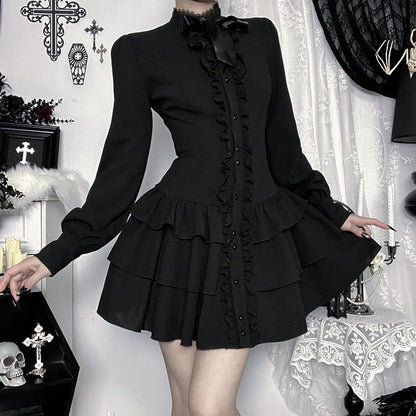 Bowknot long sleeve ruffle solid mini dress  | Festival Outfits Women