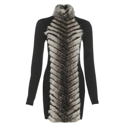 High neck fluffy long sleeve zip-up mini dress  | Festival Outfits Women