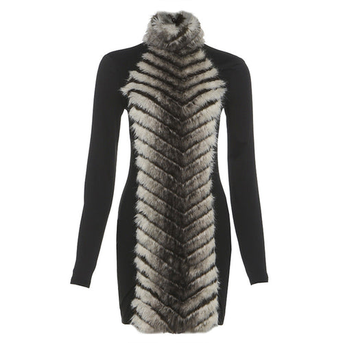 High neck fluffy long sleeve zip-up mini dress  | Festival Outfits Women