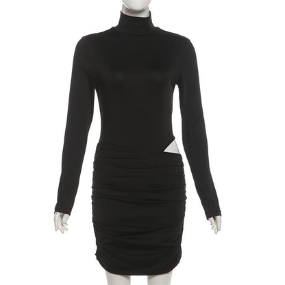 Ruched high neck long sleeve button mini dress  | Festival Outfits Women