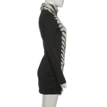 High neck fluffy long sleeve zip-up mini dress  | Festival Outfits Women