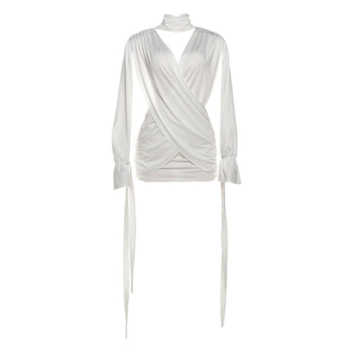 Hollow out v neck ruched long sleeve cut out mini dress  | Festival Outfits Women