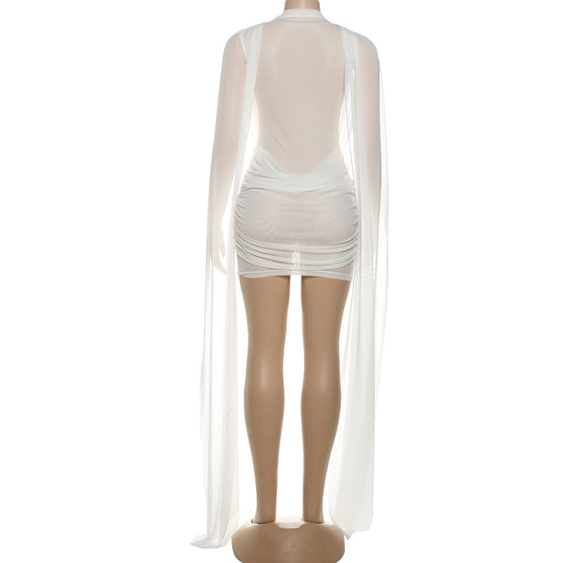 Mesh ruched crewneck solid mini dress  | Festival Outfits Women