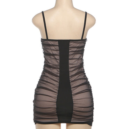 Ruched mesh v neck backless cami mini dress  | Festival Outfits Women