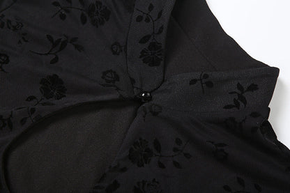Long flared sleeve hollow out flower print cut out mini dress  | Festival Outfits Women