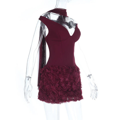Off shoulder flower applique zip-up mini dress  | Festival Outfits Women