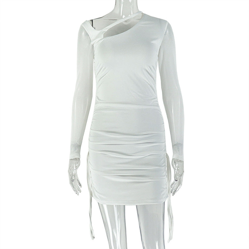 Long sleeve mesh hollow out ruched cut out mini dress  | Festival Outfits Women