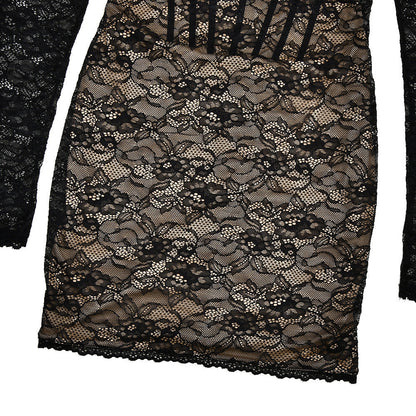 Lace long sleeve v neck backless mini dress  | Festival Outfits Women