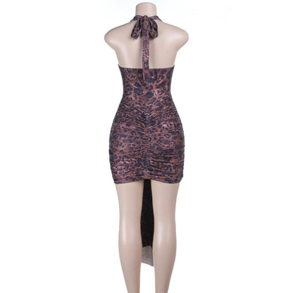 Leopard print v neck ruched halter self tie mini dress  | Festival Outfits Women  | Leopard Print Mini Dress