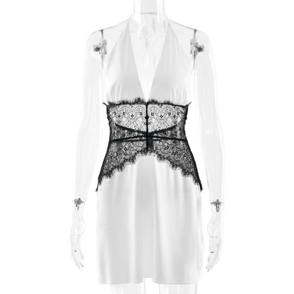 Halter self tie v neck lace zip-up mini dress  | Festival Outfits Women