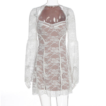 Long sleeve v neck lace patchwork mini dress  | Festival Outfits Women